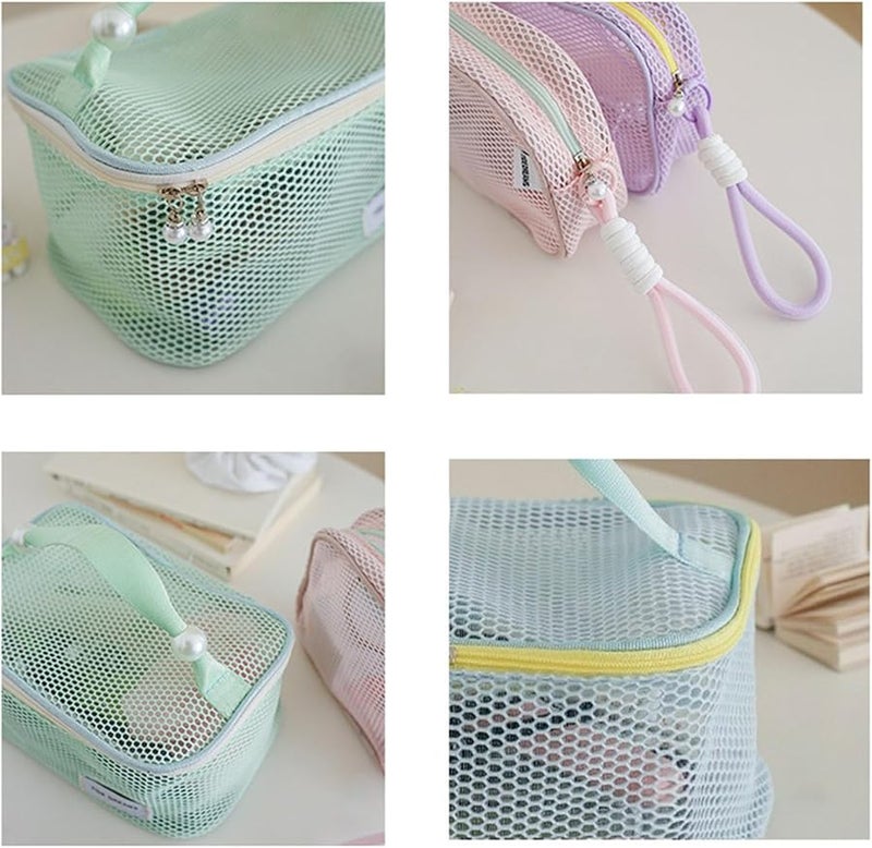 Pink Large Capacity Travel Toiletry Organizer Breathable Mesh Cosmetic Storage Bag with Zippers - Image 3